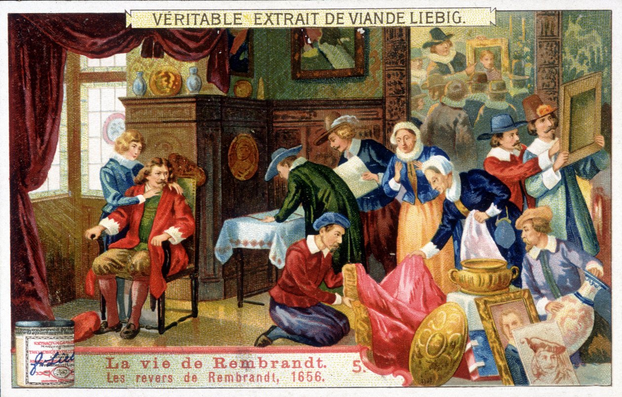 Liebig chromolithography on the life of Rembrandt (1606 - 1669) ، رسام هولندي. هذه انتكاسات رامبرانت في عام 1656. بواسطة فنان غير معروف