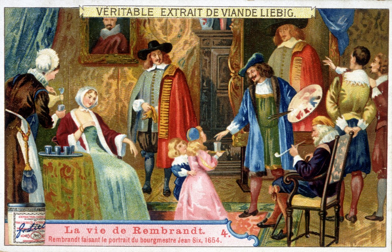 Liebig chromolithography عن حياة رامبرانت (1606 - 1669) رسام هولندي ، هنا يصور العمدة جان سيكس في عام 1654. بواسطة فنان غير معروف