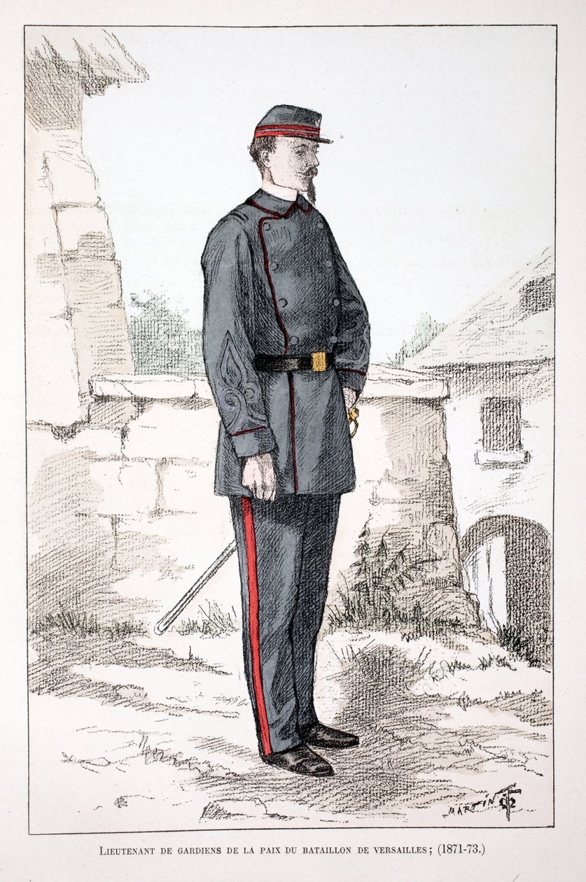 ملازم في حراس السلام من كتيبة فرساي (1871-1873). نقش بالألوان ، للتوضيح ، كتاب "Histoire du corps des gardiens de la paix" "" "الذي نُشر تحت رعاية حاكم شرطة نهر السين لويس ليبين (1846-1933) ، بقلم أ. بواسطة فنان غير معروف