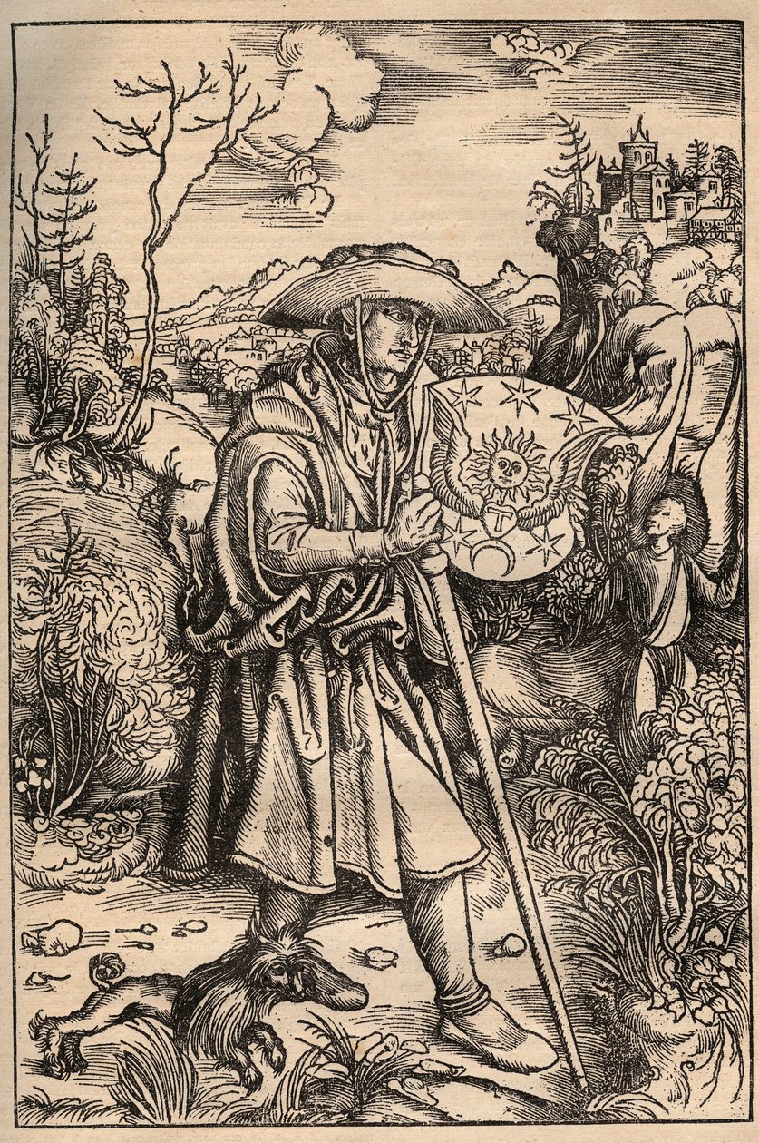 L'image du Pelerin - الحاج مع كلبه أمام قلعة ، رسم توضيحي من طبعة لأوبرا يوهانس جيرسون (JEAN CHARLIER DE GERSON) نُشرت عام 1514 بواسطة فنان غير معروف