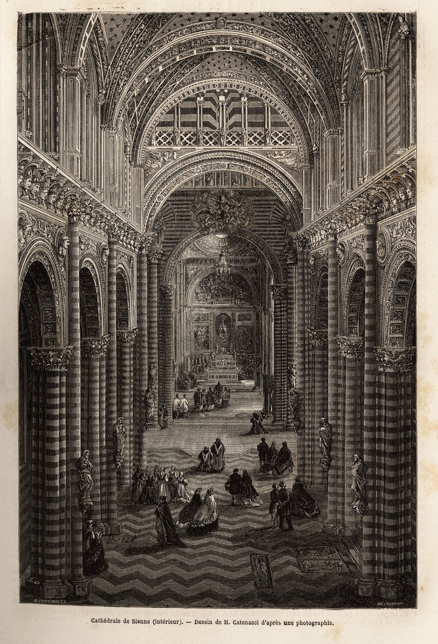الجزء الداخلي من كاتدرائية سيينا ، نقش لتوضيح رحلة إلى سيينا (إيطاليا) في عام 1865 ، في "Le tour du monde، nouveau journal des voyages" المنشور تحت إشراف إدوارد شارتون بواسطة فنان غير معروف