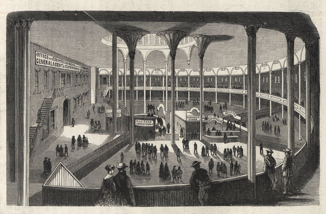 L'interieur d'un depot du centre d'immigration de Castle Garden - داخل مستودع المهاجرين في Castle Garden - ولاية نيويورك - لجنة الهجرة - نقش في "The Illustrous Universe" عام 1869 بواسطة فنان غير معروف