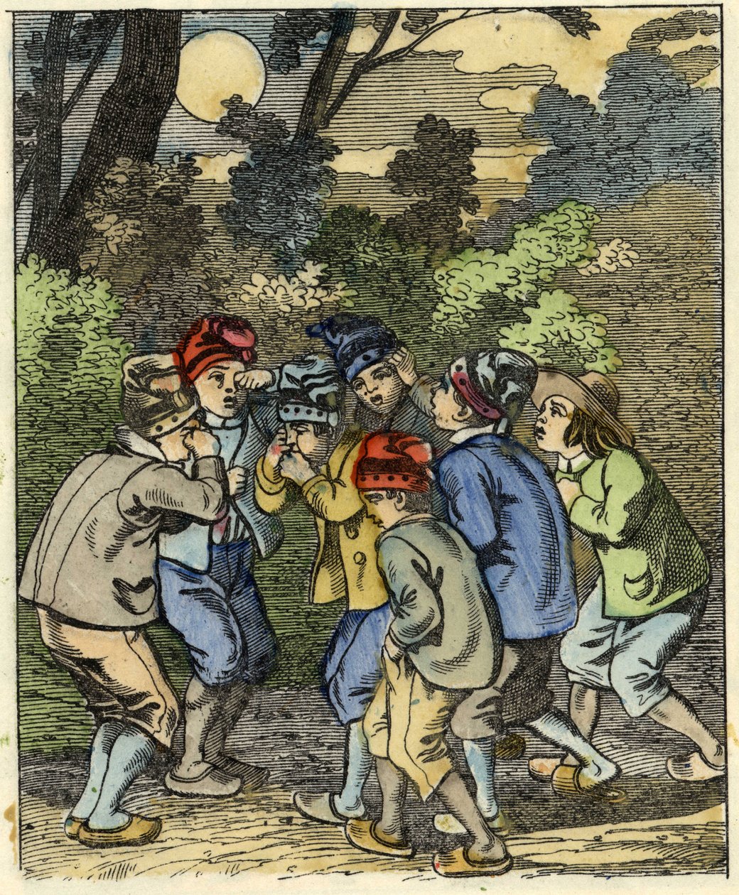 ليتل بوكيه وإخوته فقدوا في الغابة. رسم توضيحي لحكاية "Le Pepetit Poucet" للكاتب تشارلز بيرولت بواسطة فنان غير معروف