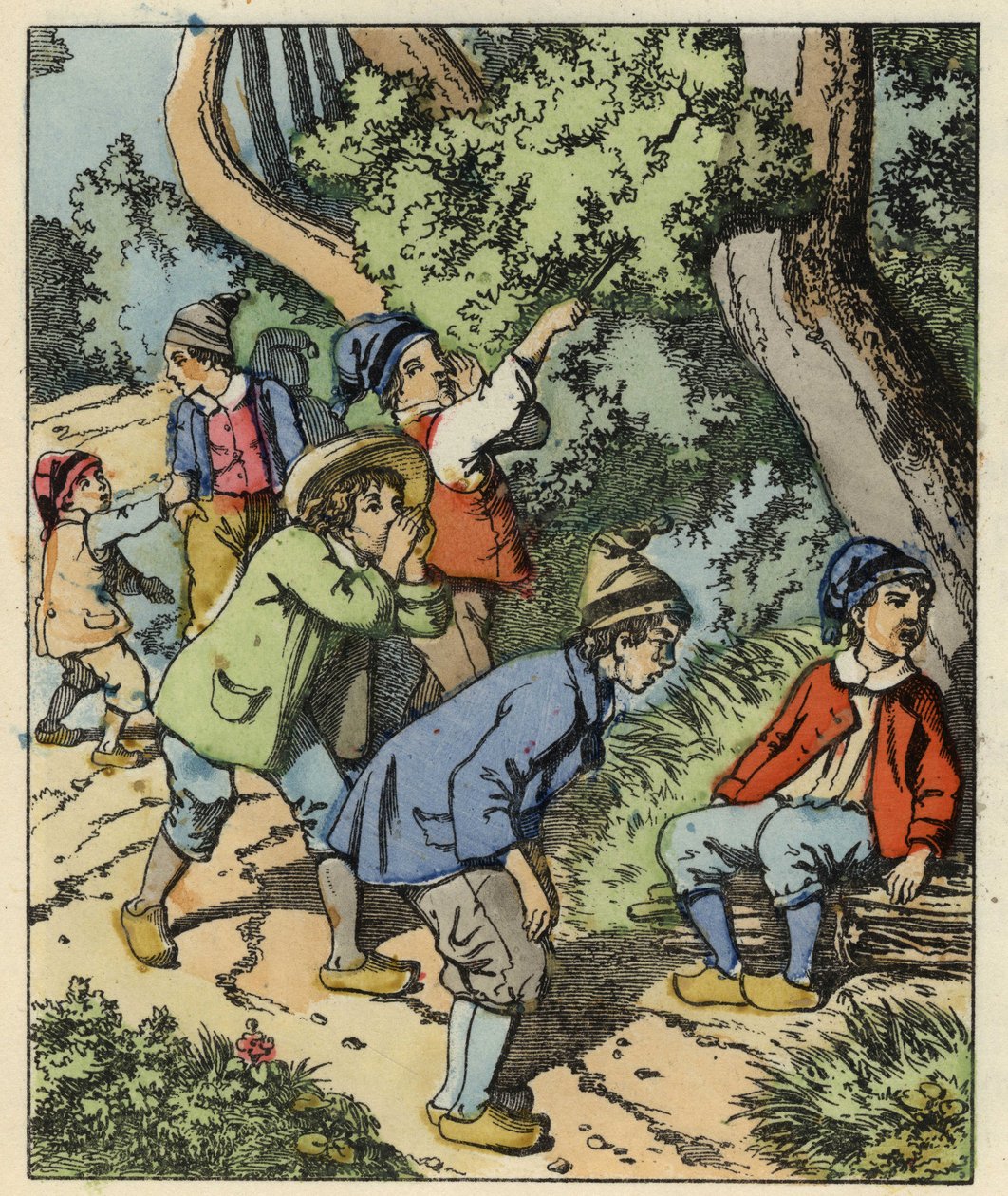 خسر ليتل بوكيه وإخوته في الغابة التي هجرها آباؤهم. رسم توضيحي لحكاية "Le Pepetit Poucet" للكاتب تشارلز بيرولت بواسطة فنان غير معروف