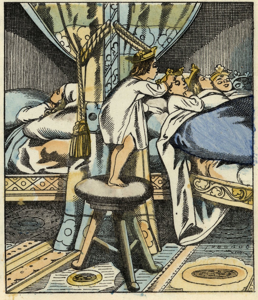 يضع ليتل بوكيه تيجان بنات الغول السبع على رأس إخوته. رسم توضيحي لحكاية "Le Petite Poucet" لتشارلز بيرولت بواسطة فنان غير معروف