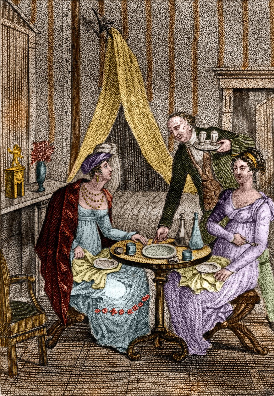عشاء قليل. أوليمب دي جوج (1748-1793) ، سيدة أدبية فرنسية وثورية مع سيلين إحدى صديقاتها. في "" Conseils a ma fille "" لجان نيكولا بويلي (1763-1842). 1820. مجموعة خاصة. بواسطة فنان غير معروف