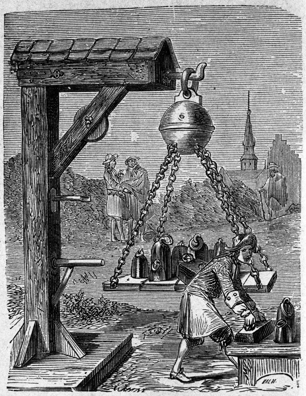 تحميل نصفي كرة ماغدبورغ المعلق. نقش من "Ottonis de Guericke: Experimenta Nova Magdeburgica de vacuo spatio" لـ Otto von Guericke (Otto de Guericke بواسطة فنان غير معروف