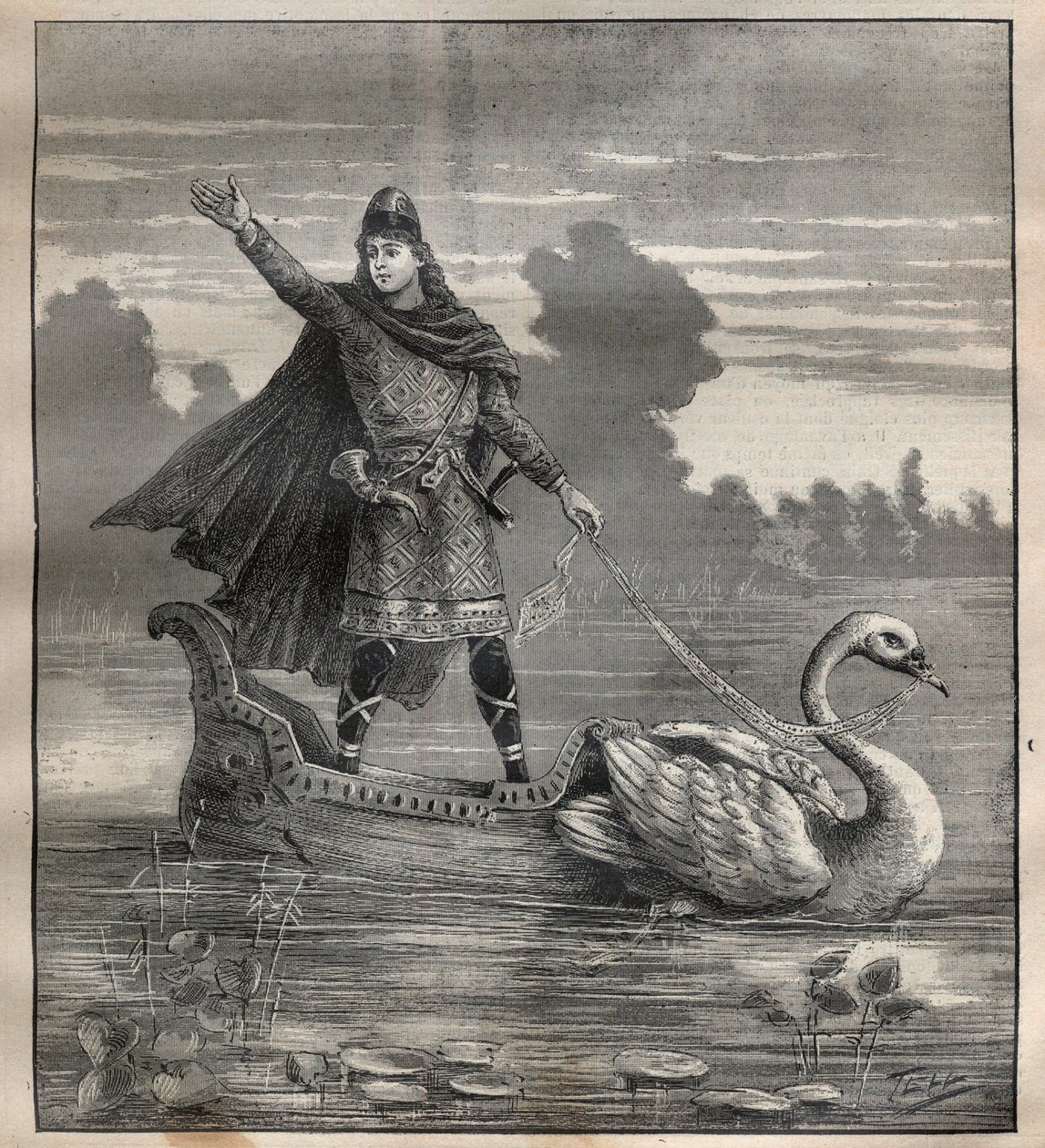 Lohengrin في الكنة التي رسمتها بجعة ، مشهد أوبرا "Lohengrin" لريتشارد واغنر (1813-1883) - نقش في "" La Science francaise " بواسطة فنان غير معروف