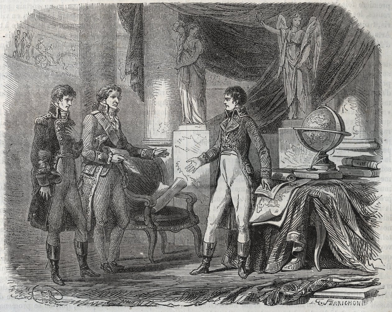 اللورد كورنواليس (1738-1805) التفاوض على معاهدة أميان (1802) مع نابليون بونابرت (1769-1821) - سلام أميان ، فرنسا - المعاهدة الموقعة في مارس 1802 والتي أنهت الحروب الثورية بواسطة فنان غير معروف