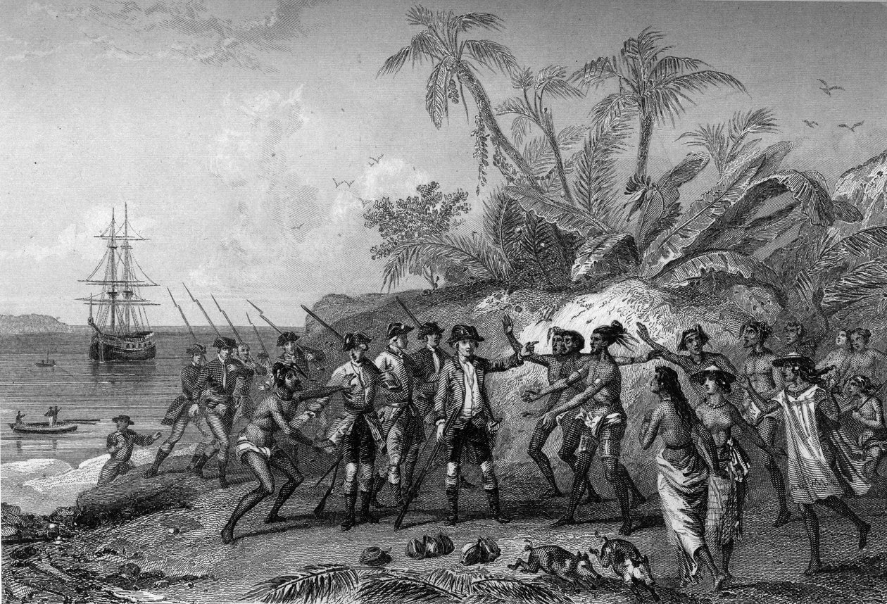 لويس أنطوان كونت دي بوغانفيل ، الملاح الفرنسي (1729-1811) ، يقترب من جزر المركيز في تاهيتي ، 6 أبريل بواسطة فنان غير معروف