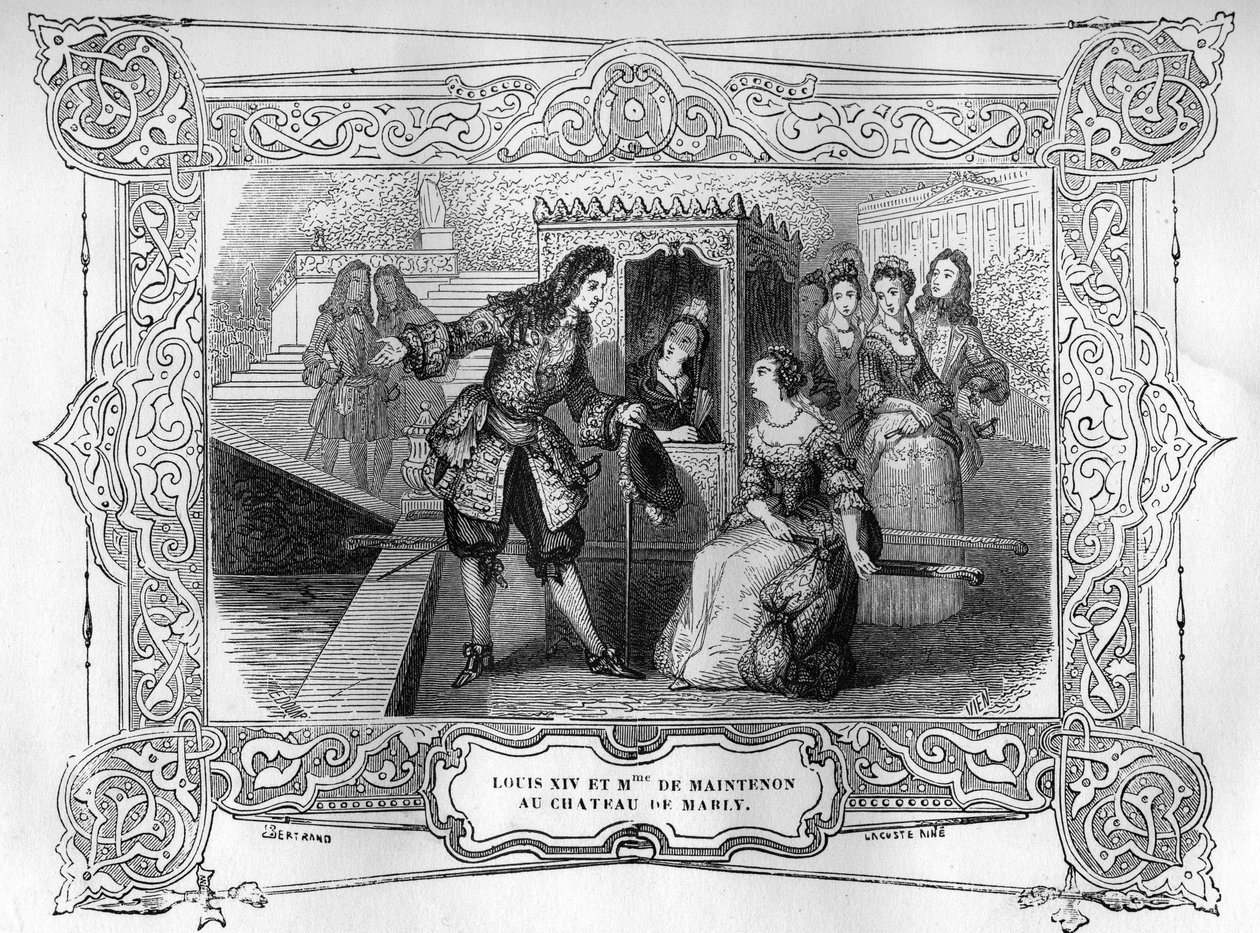 لويس الرابع عشر وفرانسواز دوبيني ، ماركيز (مدام) من مينتينون (1634-1719) في شاتو دي مارلي. نقش القرن التاسع عشر بعد "" ألغاز قلاع فرنسا القديمة أو الحب السري للملوك والملكات "". مجموعة Bianchetti بواسطة فنان غير معروف