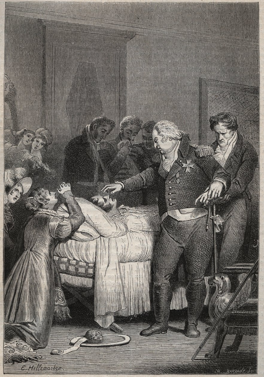 لويس الثامن عشر على فراش وفاة دوق بيري - اللحظات الأخيرة لدوق بيري في 13 فبراير 1820 (1778 - 1820) في أوبرا باريس التي يحيط بها لويس الثامن عشر وآخرين من العائلة الملكية - نقش في "تاريخ فرنسا أخبر احفادي " بواسطة فنان غير معروف