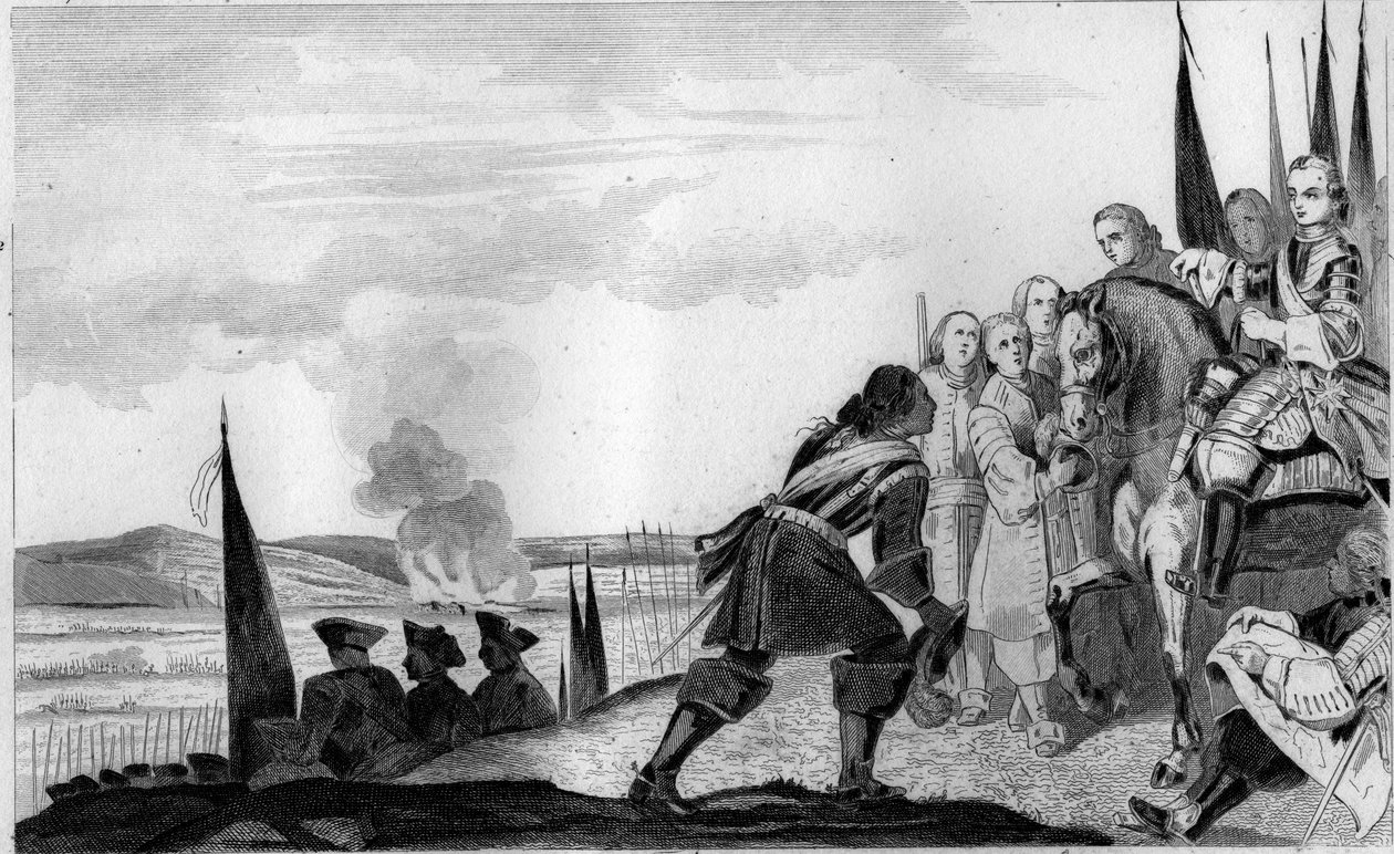 لويس الخامس عشر (1710-1774) في معركة فونتينوي عام 1745 - حرب خلافة النمسا (1740-1748) - موريس ساكسونيا ، مارشال ساكسونيا (1696-1750) ، منتصرًا في معركة فونتينوي ، يلتقي بملك فرنسا ، لويس الخامس عشر (1710-1774) - نقش عام 1825 في "هاي بواسطة فنان غير معروف