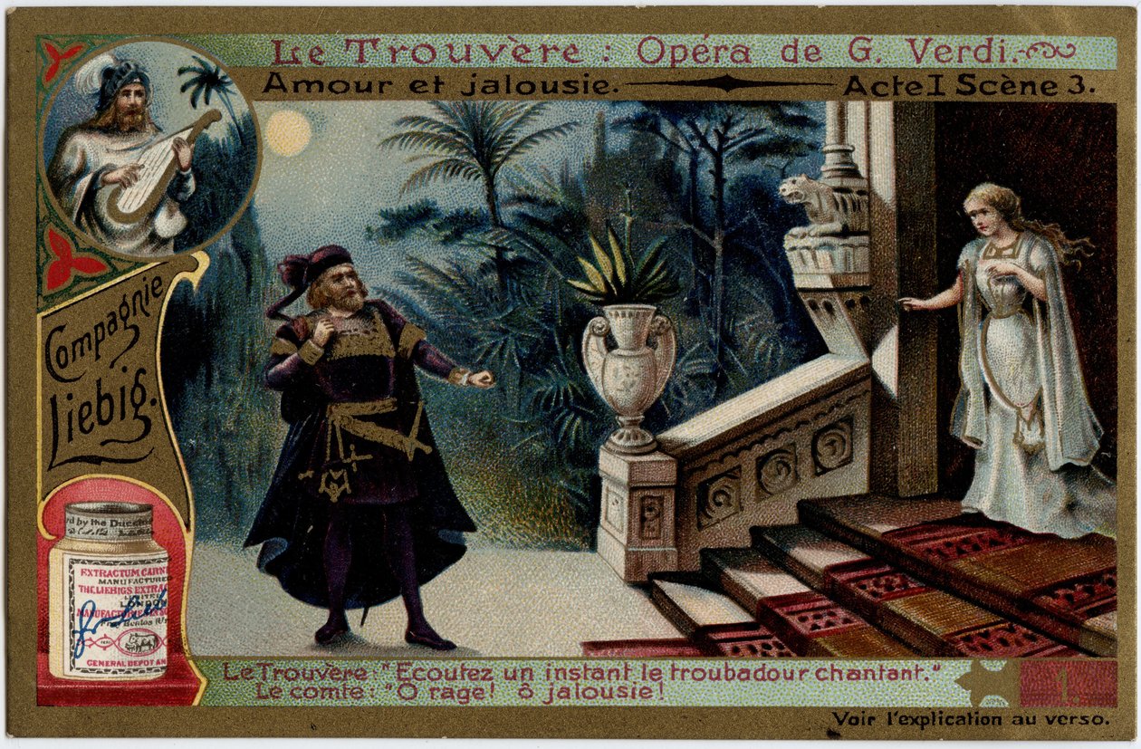 قانون الحب والغيرة المشهد الأول 3. رسم توضيحي لأوبرا "" الاكتشاف "(Il trovatore) بواسطة جوزيبي فيردي (1813-1901). Chromolithography (Chromo) Liebig من نهاية القرن التاسع عشر. بواسطة فنان غير معروف