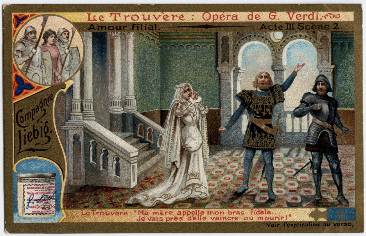 الفصل الثالث الحب الأبوي المشهد 2. رسم توضيحي لأوبرا "" الموجود "" (Il trovatore) لجوزيبي فيردي (1813-1901). Chromolithography (Chromo) Liebig من نهاية القرن التاسع عشر. بواسطة فنان غير معروف