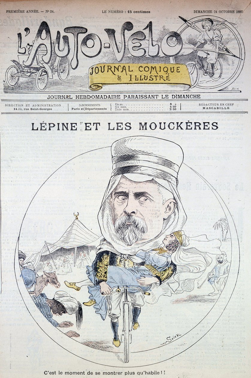 Lépine et les Mouckères - في "" l'Auto-Vélo "" "بتاريخ 12/12/1897 ، Bibl.de de la ville de Paris. بواسطة فنان غير معروف