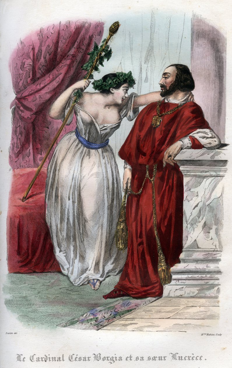 لوكريس بورجيا (1480-1519) مع شقيقه سيزار بورجيا. (لوكريزيا وسيزار بورجيا). نقش من عام 1842 في "Histoire des popes: الجرائم ، القتل ، التسمم ، قتل الأبناء ، الزنا ، سفاح القربى ... لموريس لاشاتر. مجموعة خاصة. بواسطة فنان غير معروف
