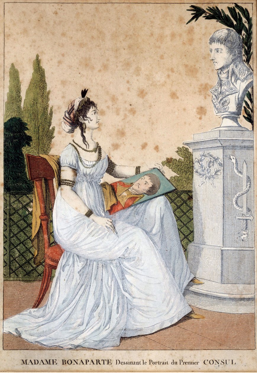 مدام بونابرت ترسم صورة القنصل الأول جوزفين دي بوهارنيه (1763-1814) أمام تمثال نصفي لزوجها نابليون بونابرت (1769-1821). طباعة مجهولة. 1799-1804. الأحد 0،24 × 0،17 م مالميزون ، متحف القصر بواسطة فنان غير معروف