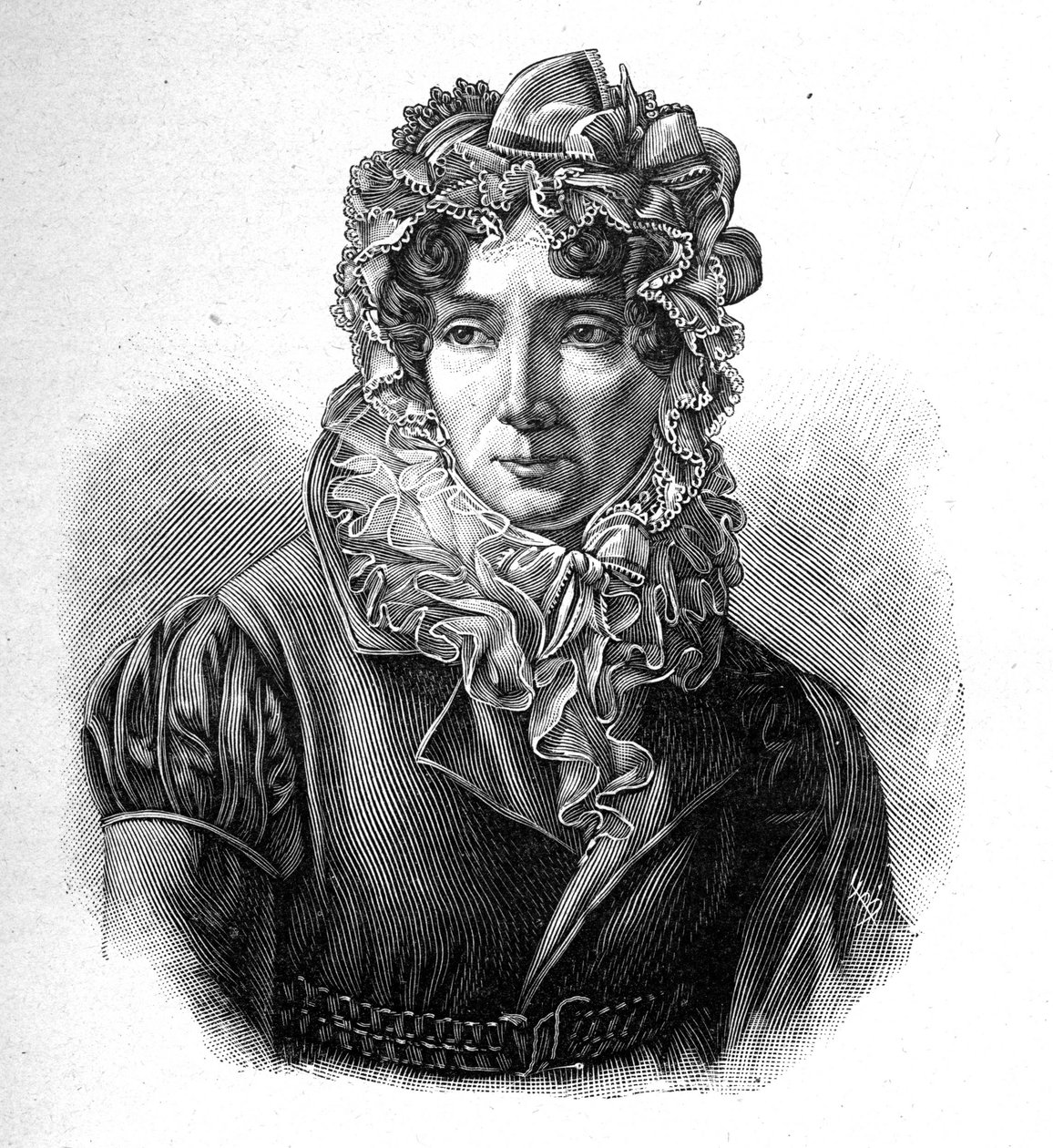 مدام دي جينليس - صورة لستيفاني تهنئ شارة القديس أوبين (سانت أوبين) (1746-1830) ، كونتيسة جينليس ، امرأة أدبية فرنسية. بواسطة فنان غير معروف