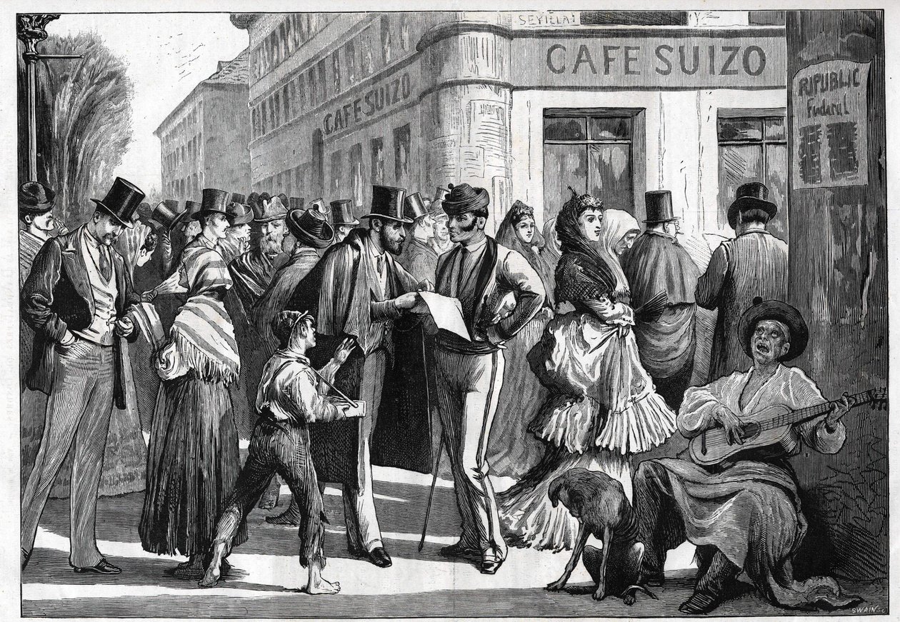 مدريد عام 1873. مشاة عند زاوية شارع إشبيلية وشارع الكالا. نقش من عام 1873. بواسطة فنان غير معروف