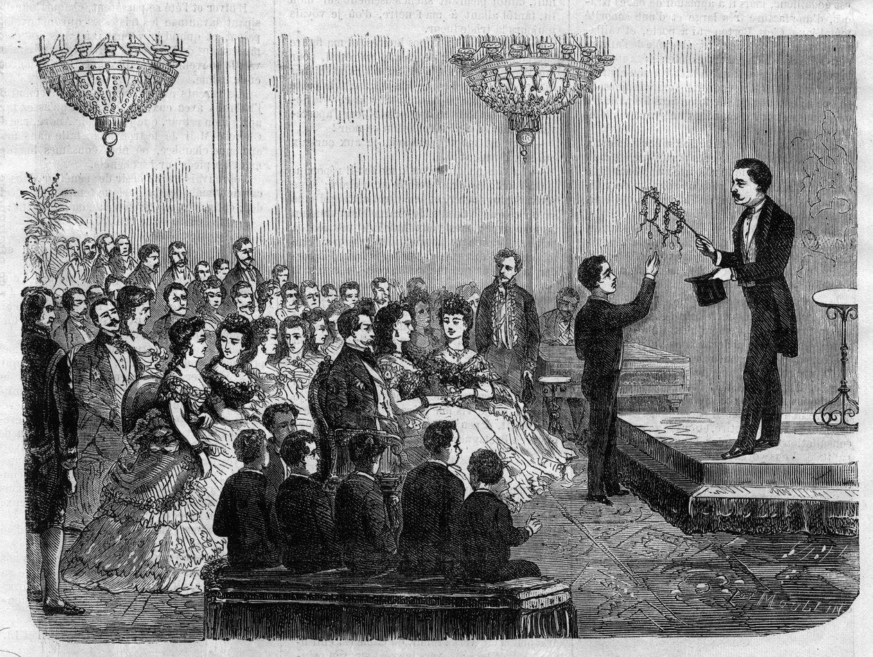 عرض سحري قدمه السيد فور نيكولاي في حضور الإمبراطور نابليون الثالث (1808-1873) وابنه الأمير إمبريال (1856-1879) في عام 1870 بواسطة فنان غير معروف