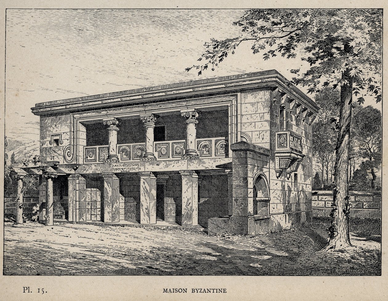 ميزون بيزنطي (البيت البيزنطي) (نقش عام 1889 في "تاريخ سكن الإنسان في المعرض العالمي لعام 1889 ، للسيد تشارلز غارنييه - Librairie centrale des beaux-Arts Paris 1889 بواسطة فنان غير معروف