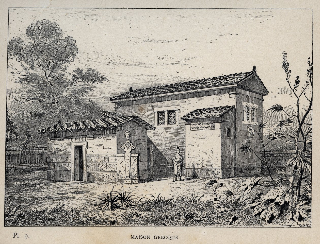 Maison Grecque (منزل يوناني) - نقش عام 1889 في "تاريخ سكن الإنسان في المعرض العالمي لعام 1889 ، بواسطة السيد تشارلز غارنييه - Librairie centrale des beaux-Arts Paris 1889 بواسطة فنان غير معروف