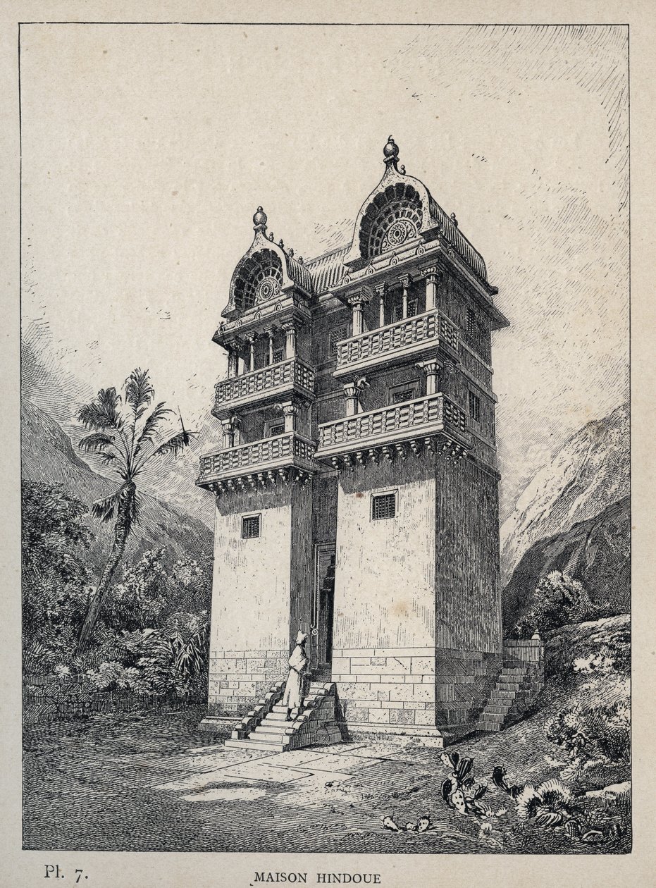 Maison Hindu (منزل هندوسي) - نقش عام 1889 في "تاريخ سكن الإنسان في المعرض العالمي لعام 1889 ، بواسطة السيد تشارلز غارنييه - Librairie centrale des beaux-Arts Paris 1889 بواسطة فنان غير معروف