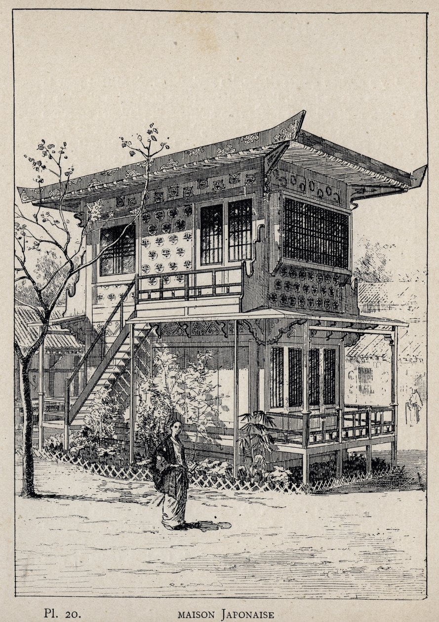 منزل ياباني (منزل ياباني) - نقش عام 1889 في "تاريخ سكن الإنسان في المعرض العالمي لعام 1889 ، بواسطة السيد تشارلز غارنييه - Librairie centrale des beaux-Arts Paris 1889 بواسطة فنان غير معروف