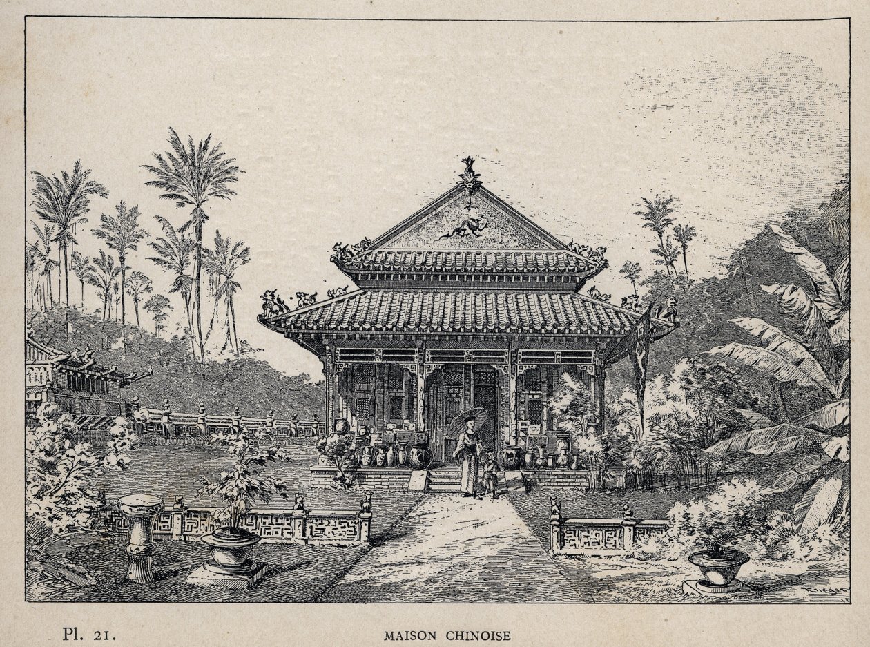 البيت الصيني - (البيت الصيني) - نقش عام 1889 في "تاريخ سكن الإنسان في المعرض العالمي لعام 1889 ، من قبل السيد تشارلز غارنييه - Librairie centrale des beaux-Arts Paris 1889 بواسطة فنان غير معروف