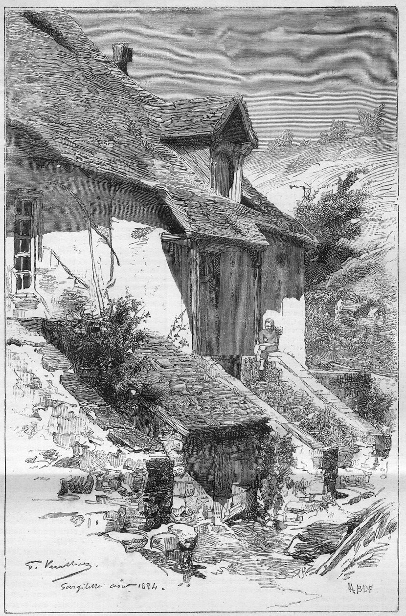 بيت جورج ساند (Aurore Dupin ، Baronne Dudevant) (1804-1876) ، كاتب فرنسي ، في Gargilesse (Indre) على ضفاف Creuse في فرنسا. نقش في "Le Monde Illustre" بواسطة فنان غير معروف