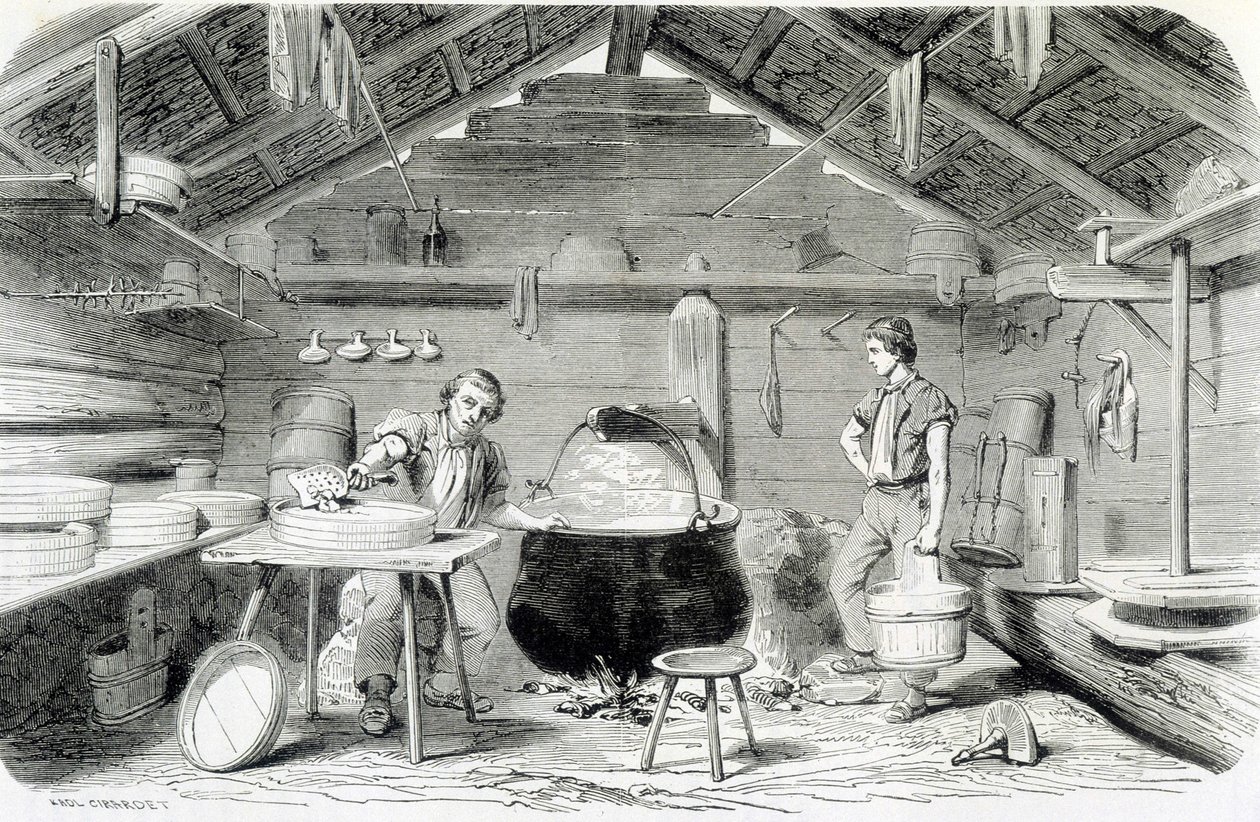 صنع جبن Gruyère في شاليه سويسري ، أو مصنع الجبن في جبال الألب - في "" عجائب الصناعة "لـ Louis Figuier بواسطة فنان غير معروف