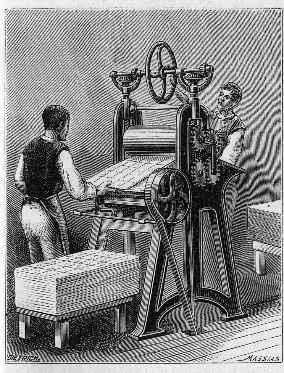 عمل أوراق للعب بالطرق القديمة. اسطوانة أوراق اللعب. نقش من عام 1893. بواسطة فنان غير معروف