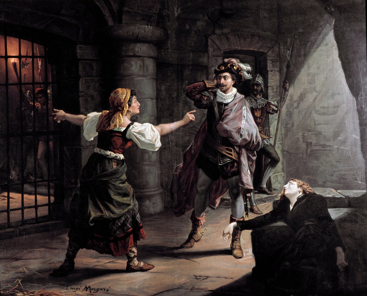 تم سجن Manrico و Azucena في قصر Aliaferia ، ويحاول Leonora حفظهما رسمًا توضيحيًا لـ "" The Find "(Il trovatore) بواسطة جوزيبي فيردي (1813-1901). الطباعة الحجرية حوالي عام 1880. مجموعة خاصة بواسطة فنان غير معروف