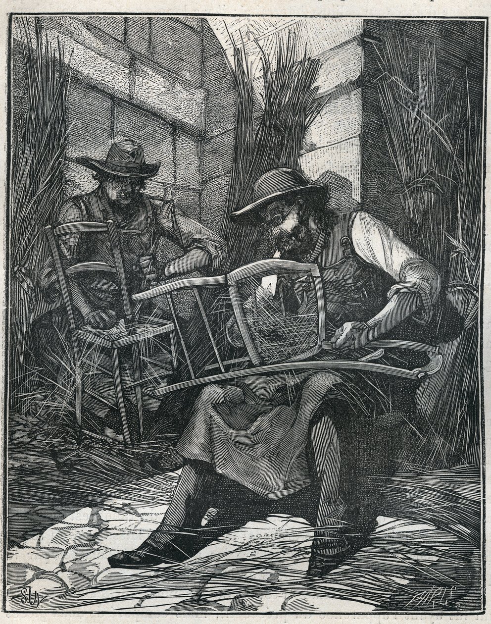 تصنيع الكراسي: تغطية الكراسي وضربها بالعصا. نقش من عام 1885 في "" Les Arts et metiers Illustres "" لأدولف بيتارد. بواسطة فنان غير معروف