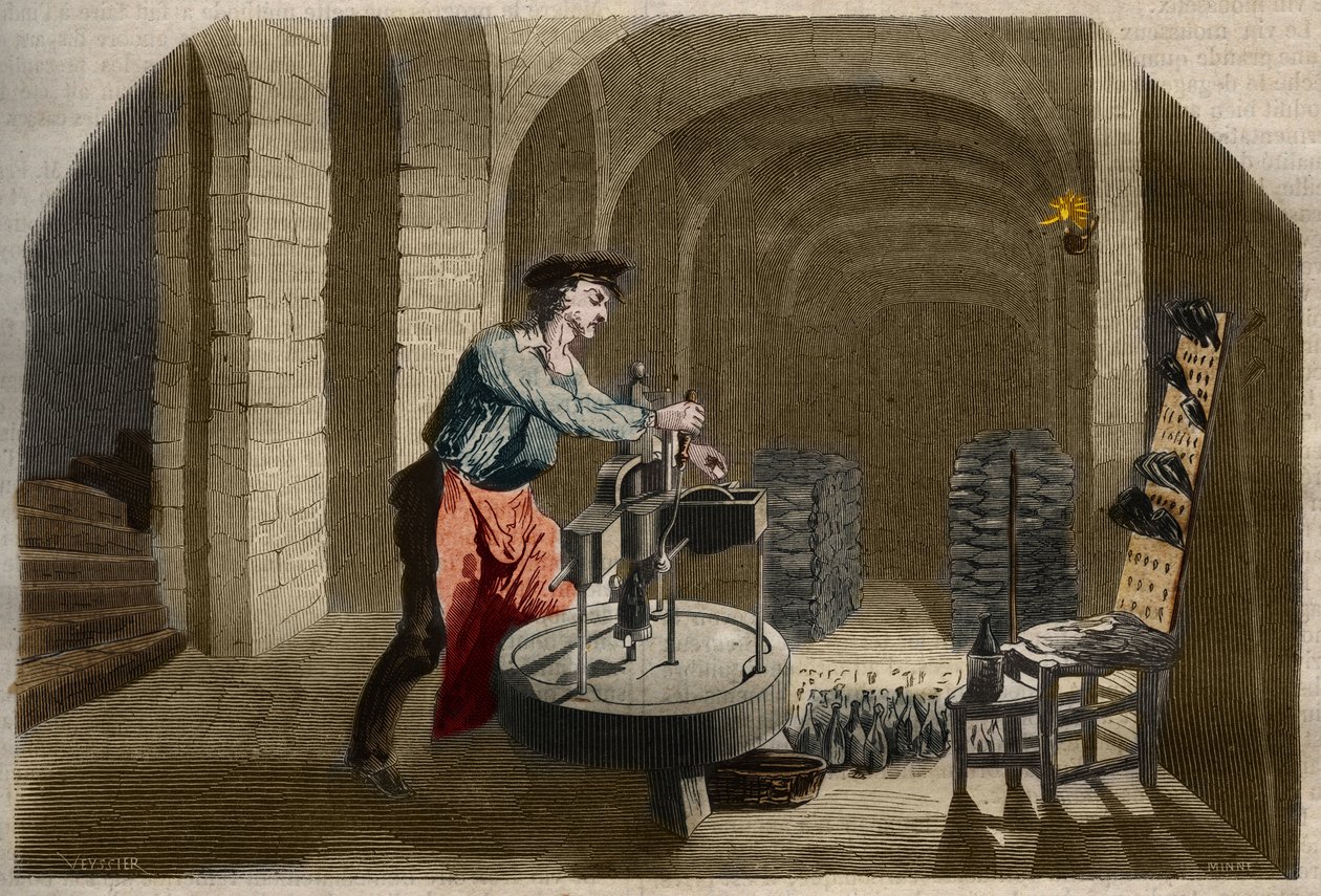 صنع نبيذ الشمبانيا الفوار: آلة تعبئة تستخدم في قبو. نقش من 1858 في "" Le Musee Des Sciences "" بواسطة فنان غير معروف