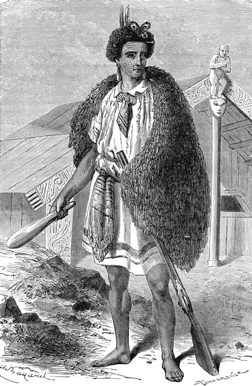 الشيف الماوري في محيط أوكلاند، نيوزيلندا. نقش 1885 بواسطة فنان غير معروف