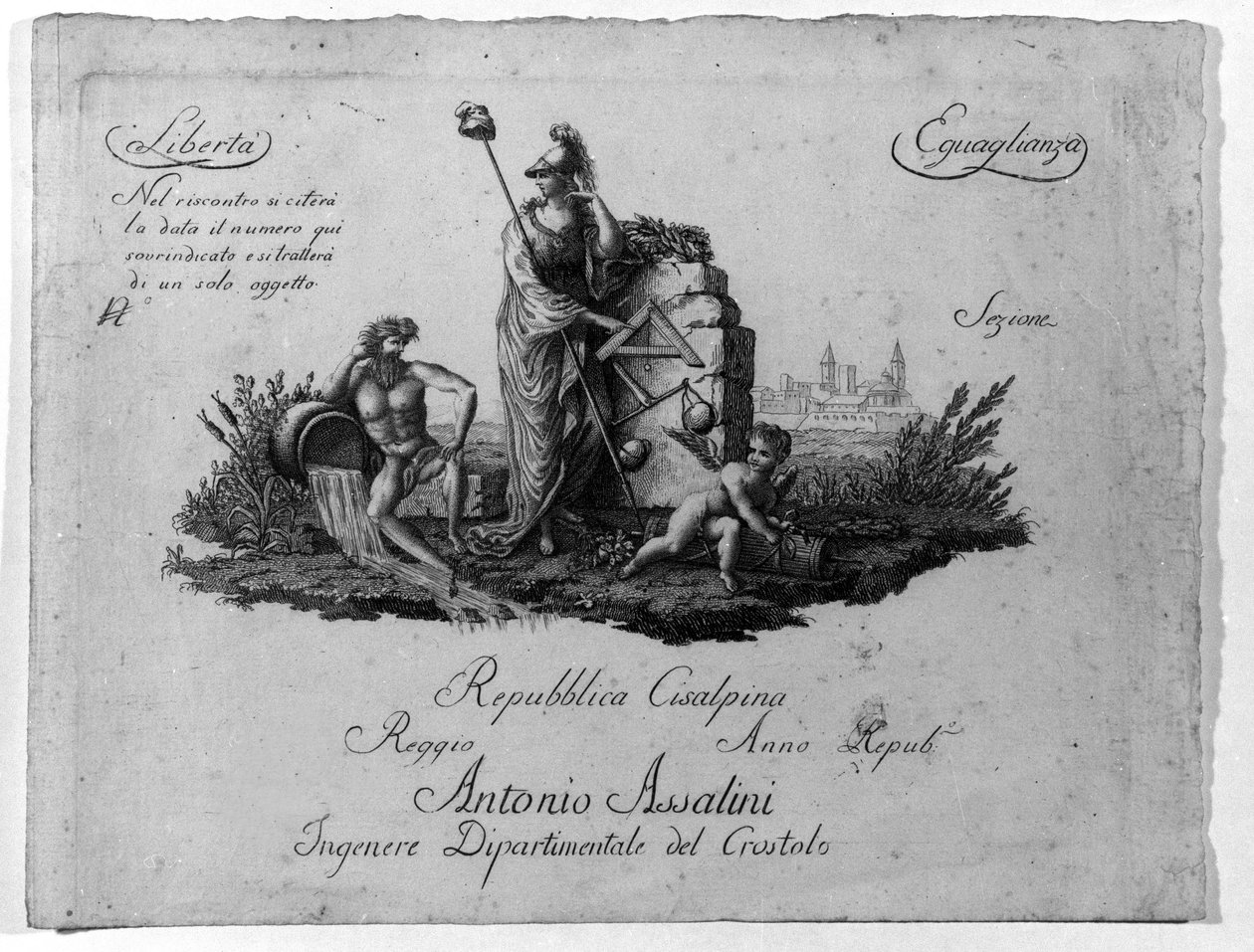 خريطة لجمهورية سيسالبينا (Cisalpina) أنشأها نابليون بونابرت في 27/06/1797 على النموذج الفرنسي في إيطاليا ، والتي أصبحت الجمهورية الإيطالية في عام 1802. قيم الجمهورية الفرنسية مكرسة فيها (Liberte ، Egalite). نقش متحف ديل ريس بواسطة فنان غير معروف