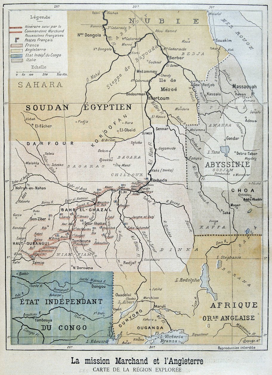 خريطة للمنطقة التي تم استكشافها من قبل البعثة مارشاند - في "" Le Petite Journal "" في 09/10/1898 بواسطة فنان غير معروف