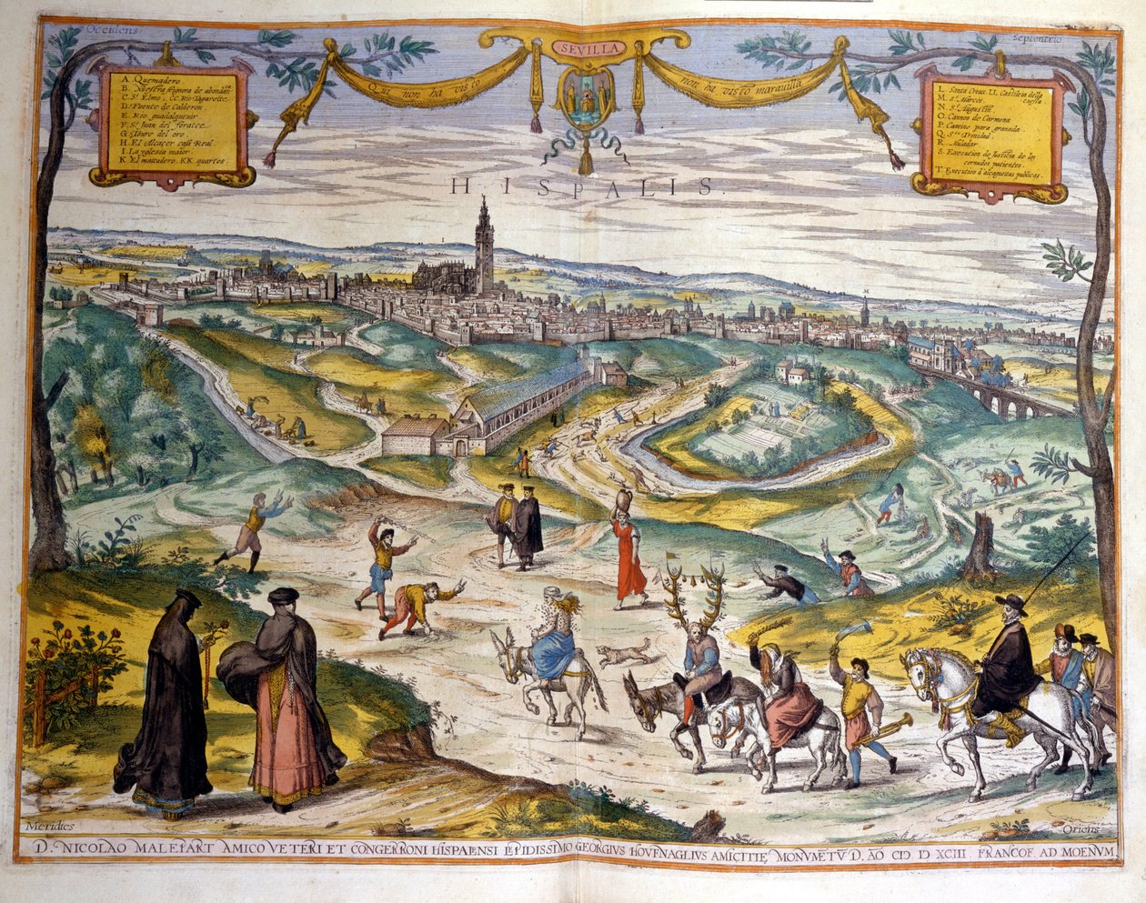 خريطة لمدينة إشبيلية عام 1590. في أسفل يمين الصورة ، يسخر أهل القرية من الديوث على حماره. بواسطة فنان غير معروف