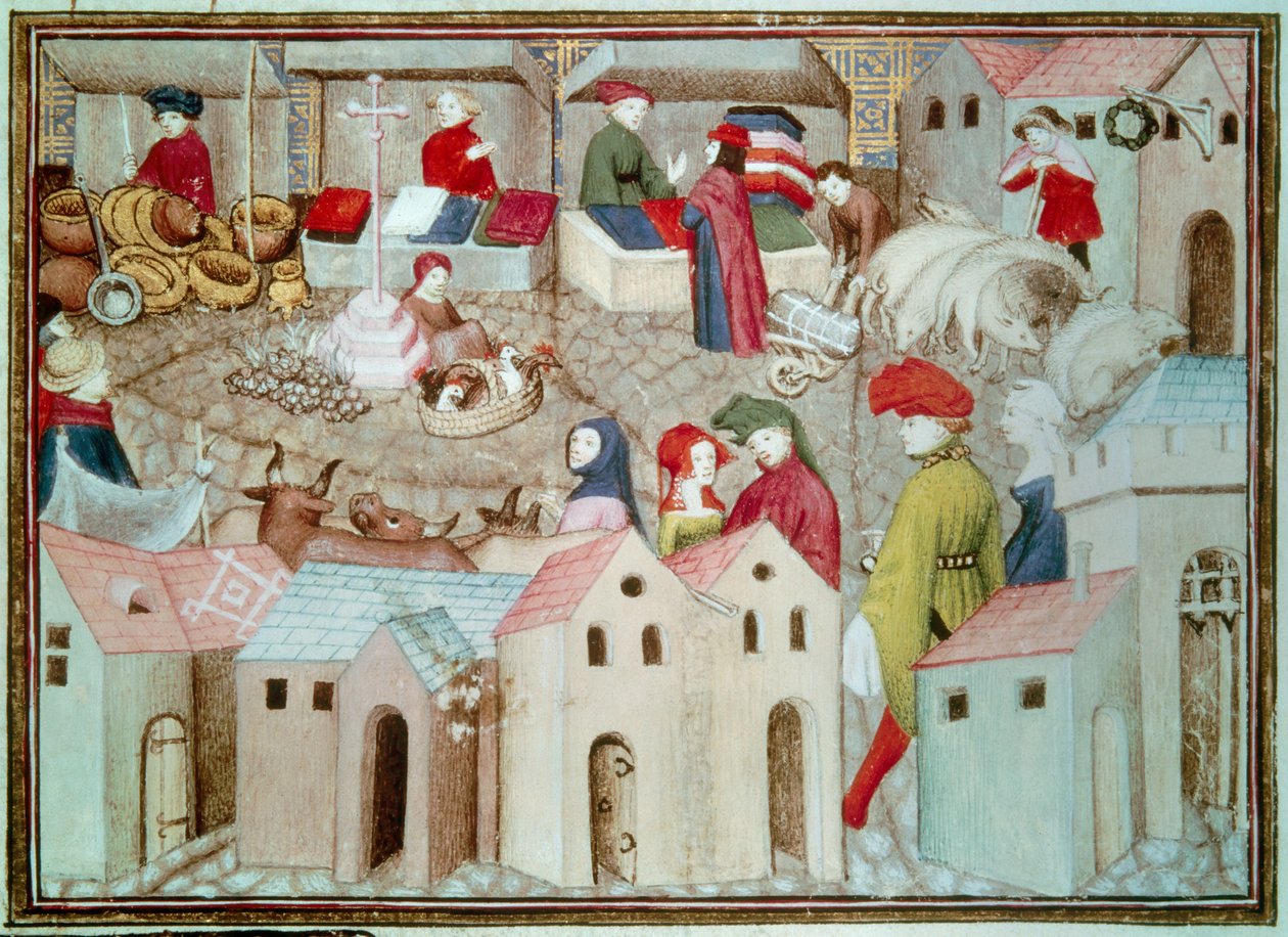 Marche de Champeaux في باريس Betail وتجار الدواجن والستائر. صورة مصغرة مأخوذة من "The Wandering Knight" لتوماس دي سالوسيس (توماسو الثالث دي سالوزو) ، حوالي 1403-1404. باريس ، BN بواسطة فنان غير معروف