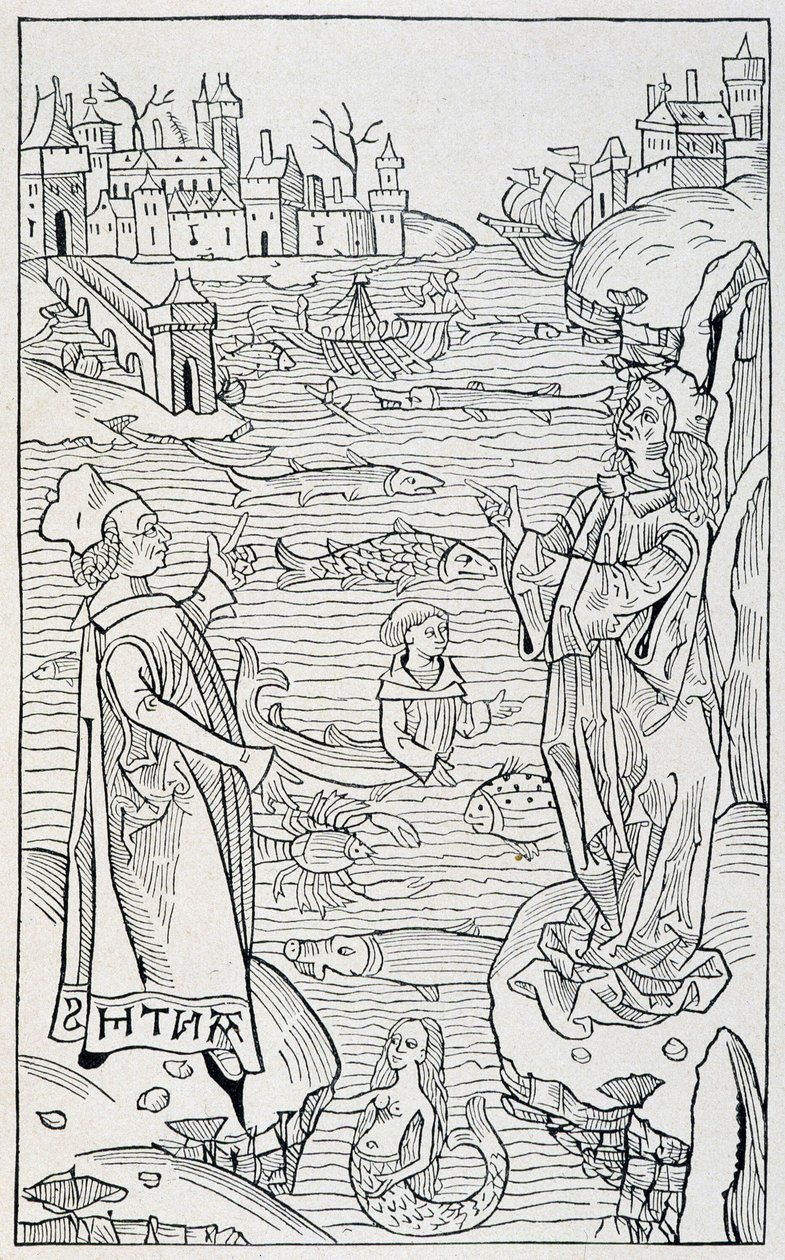 الحيوانات والوحوش البحرية - صفحة عنوان الفصل "De Piscibus" من "" Hortus Sanitatis "، طبعة ماينز لعام 1491 بواسطة فنان غير معروف