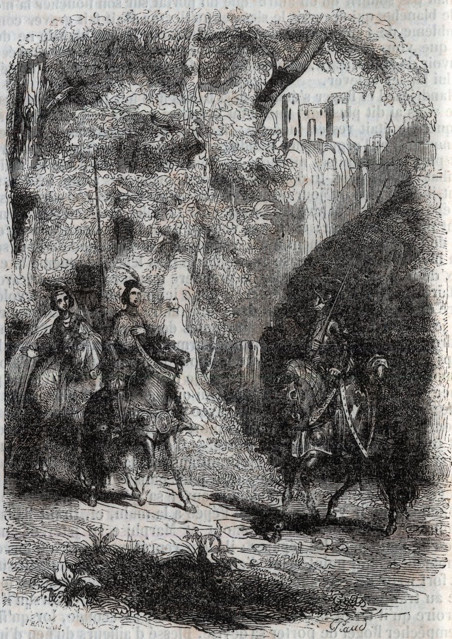 تقابل مارفيسا (مارفيسا) والمرأة العجوز بينابيل (بينابيلو) - نقش عام 1851 من "" Furious Roland "(أورلاندو فوريوسو) (القرن السادس عشر) للودوفيكو أريوستو ، المعروف باسم Ariosta - نسخة مترجمة من الإيطالية بواسطة كونت تريسان ونشرتها بواسطة فنان غير معروف