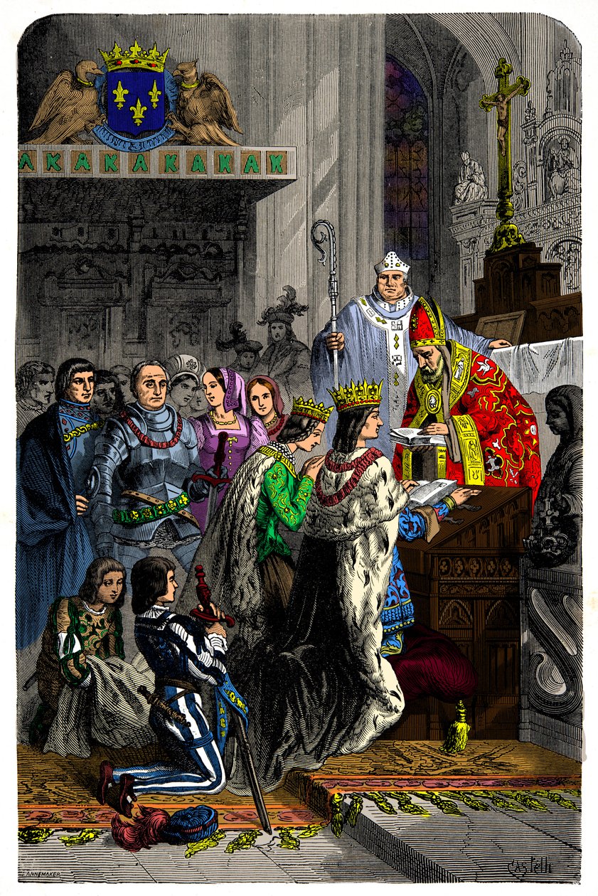 زواج بين تشارلز الثامن (1470-1498) وآن بريتاني (1477-1514) في 13 ديسمبر 1491 في قصر لانجياس ، نقش القرن التاسع عشر بواسطة فنان غير معروف