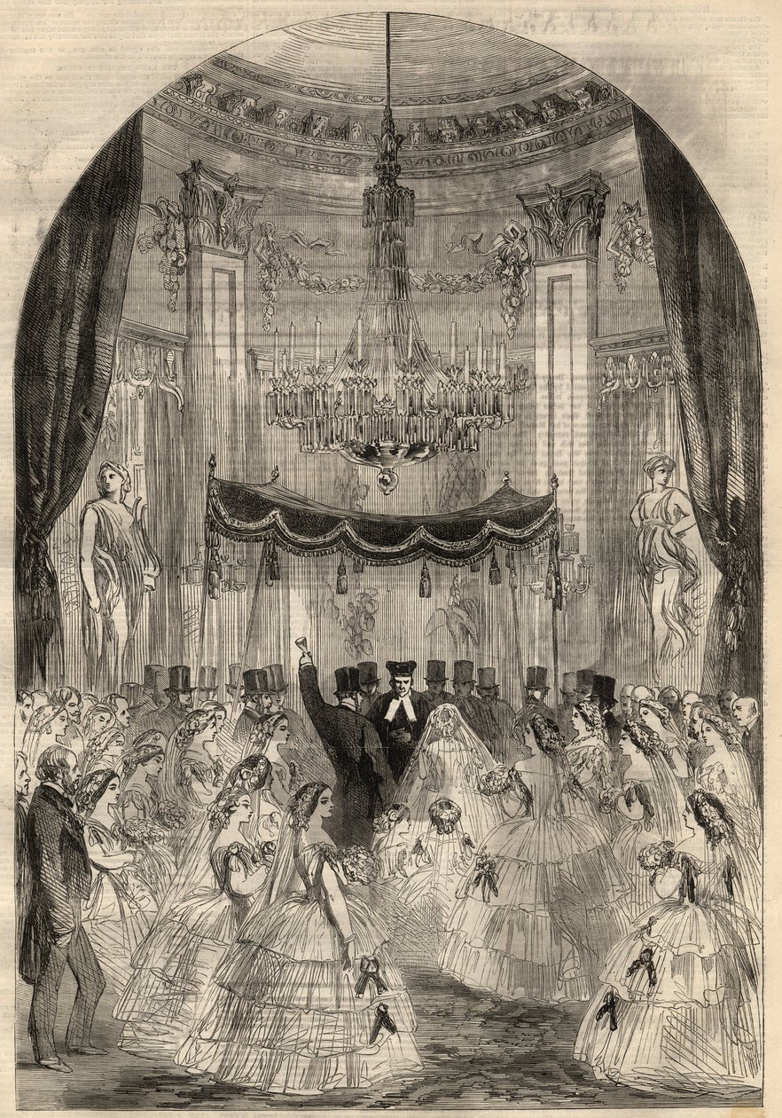 زواج البارون ألفونس دي روتشيلد (1827-1905) وليونورا دي روتشيلد (1837-1911). تعلمت مريم إلقاء الشراب على الأرض ، وكانت المرحلة الأخيرة من زواج يهودي تسمى "الزجاج المكسور". نقش في "" أخبار لندن المصورة "لشهر مارس بواسطة فنان غير معروف