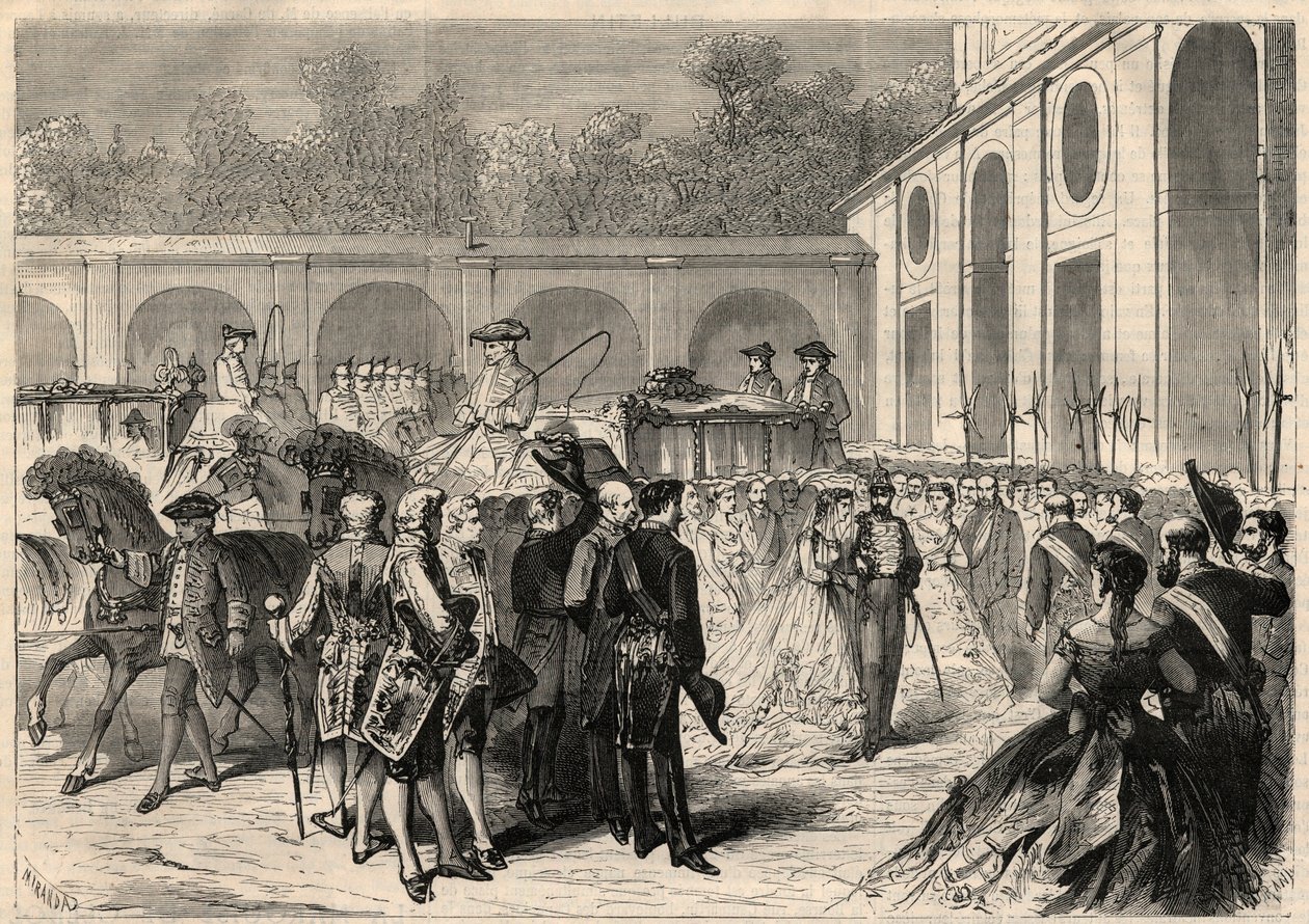 زواج الطفلة ماري إيزابيل (ماري إيزابيل) من إسبانيا (إيزابيل دي بوربون إي بوربون) (1851-1931) وغايتان دي بوربون-صقلية (بوربون صقلية) (1846-1871) ، كونت أغريجنتو (جيرجينتي): وصول الموكب في كنيسة أتوتشا الملكية في بواسطة فنان غير معروف