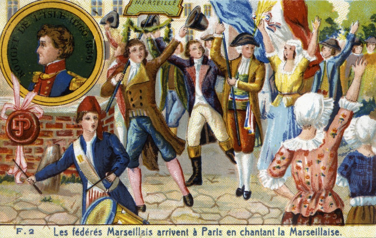 وصول اتحادات مرسيليا إلى باريس يغنون Marseillaise - chromo. ، أواخر القرن التاسع عشر بواسطة فنان غير معروف