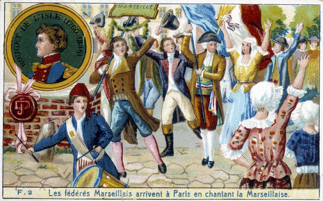 وصول اتحادات مرسيليا إلى باريس يغنون Marseillaise - chromo. ، أواخر القرن التاسع عشر بواسطة فنان غير معروف