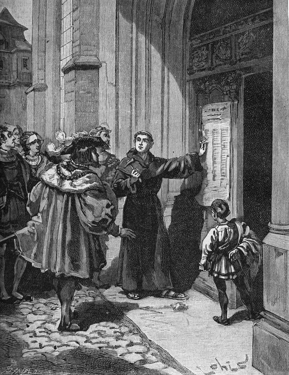 قام مارتن لوثر (1483-1546) بتعليق أطروحاته الـ 95 في فيتنبرغ بواسطة فنان غير معروف