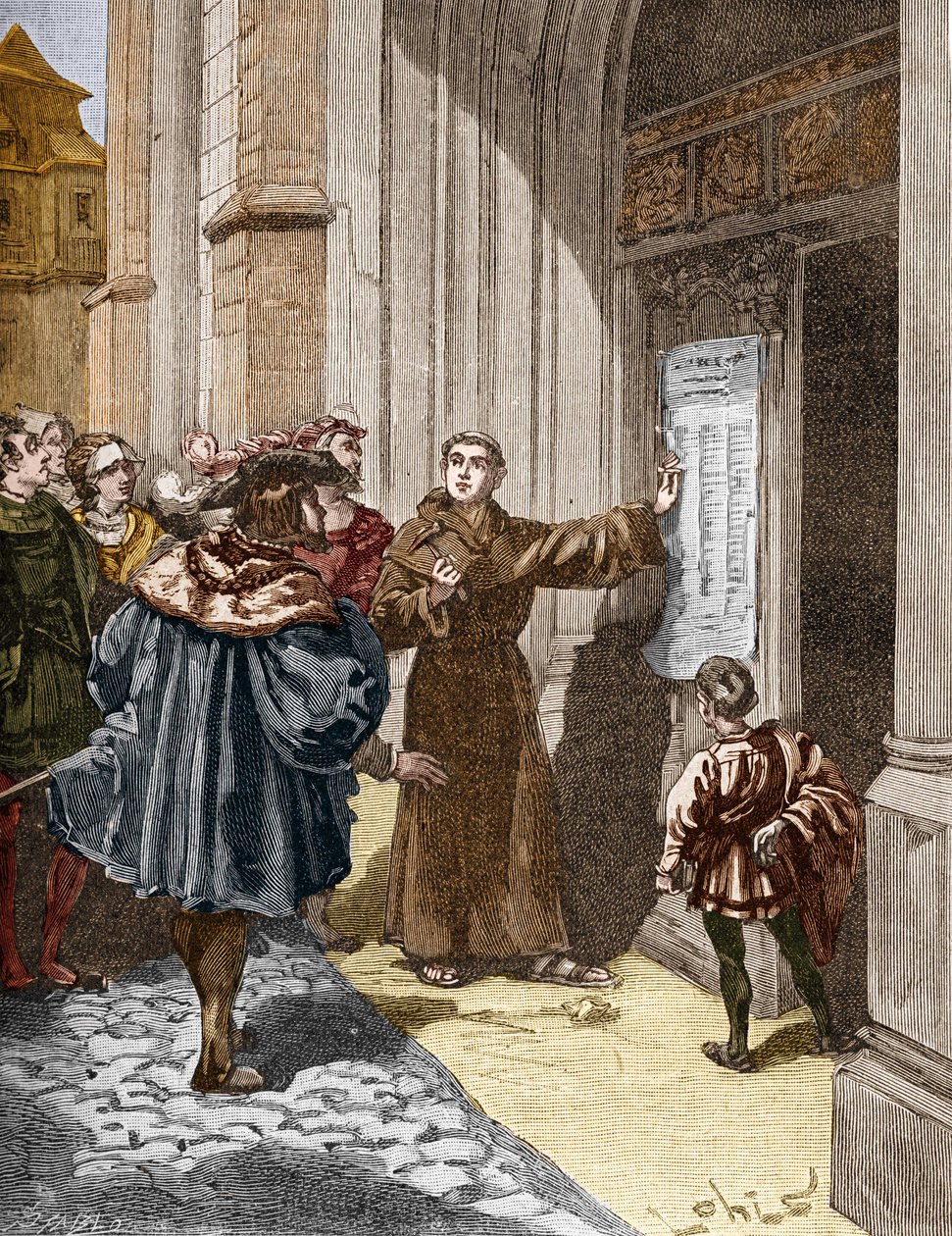 قام مارتن لوثر (1483-1546) بتعليق أطروحاته الـ 95 في فيتنبرغ بواسطة فنان غير معروف
